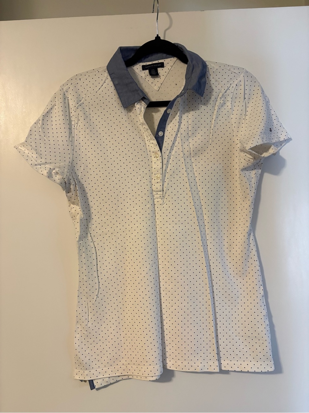 Women's White Polka Dot Button-Down Polo with Navy Trim